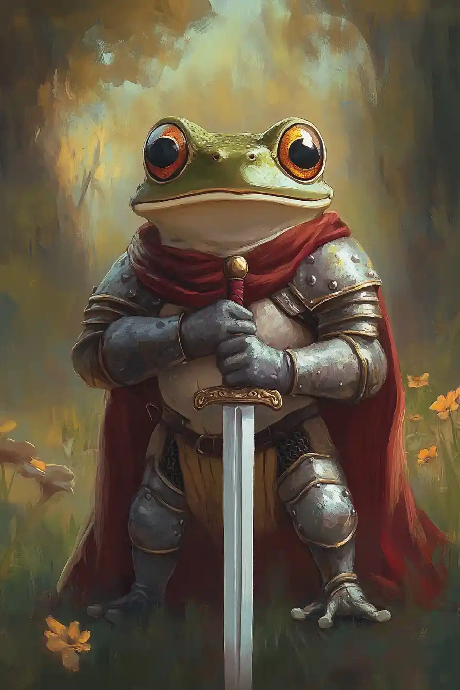 Winziger Froschritter in glänzender Rüstung auf einer Fantasy-Wiese