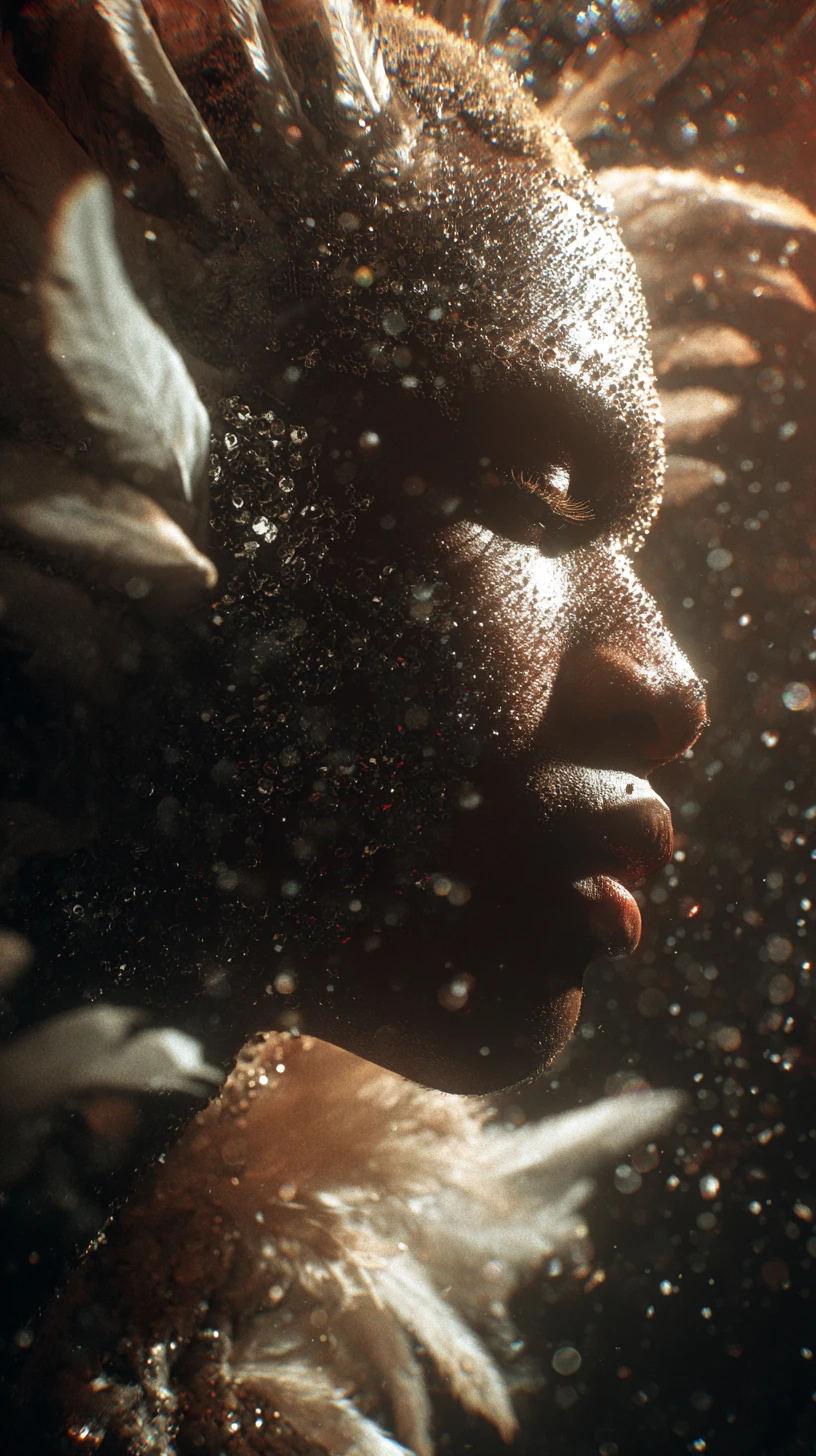 Angelo oscuro afrofuturista con ali nella luce stellare cosmica