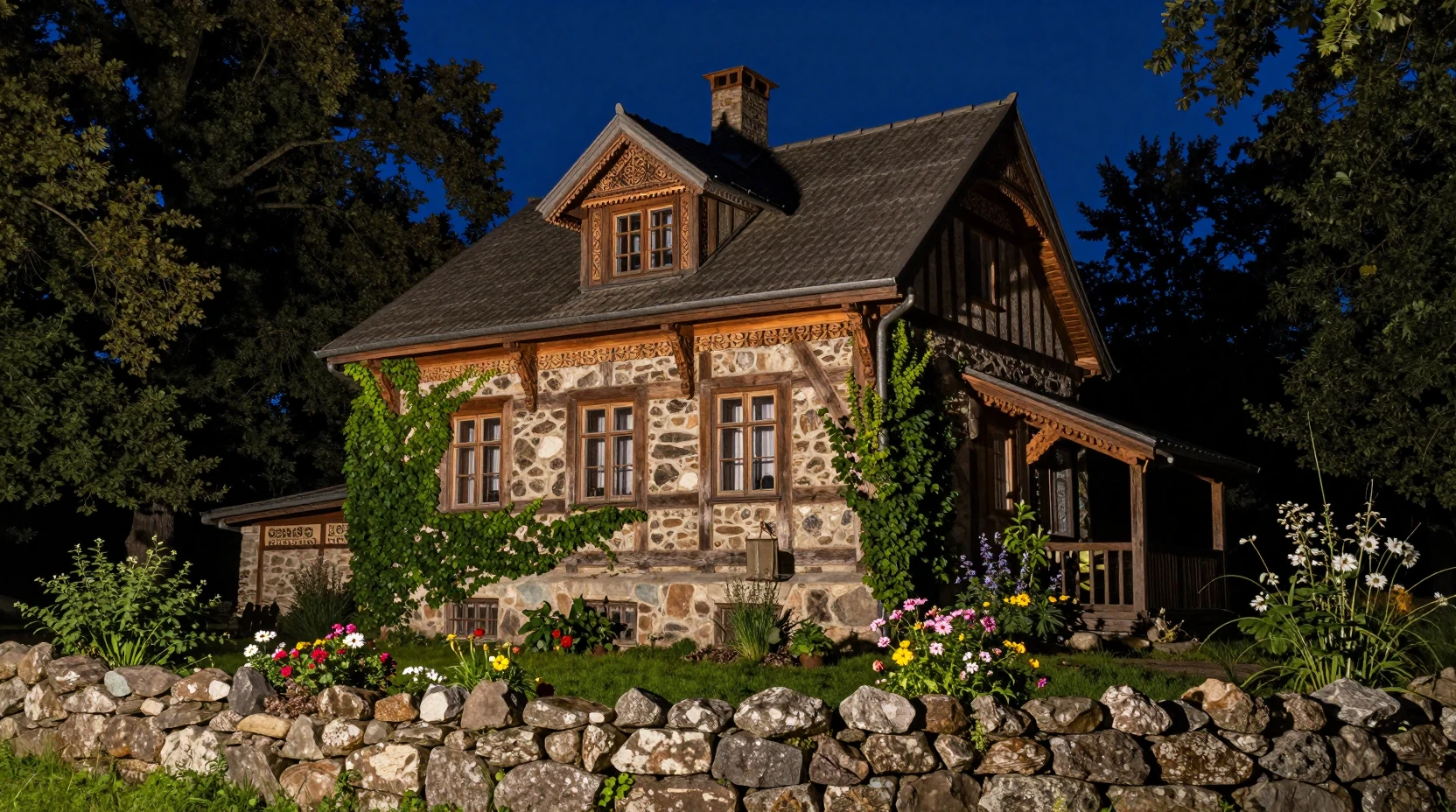 Old stone house at night beside a quiet forest