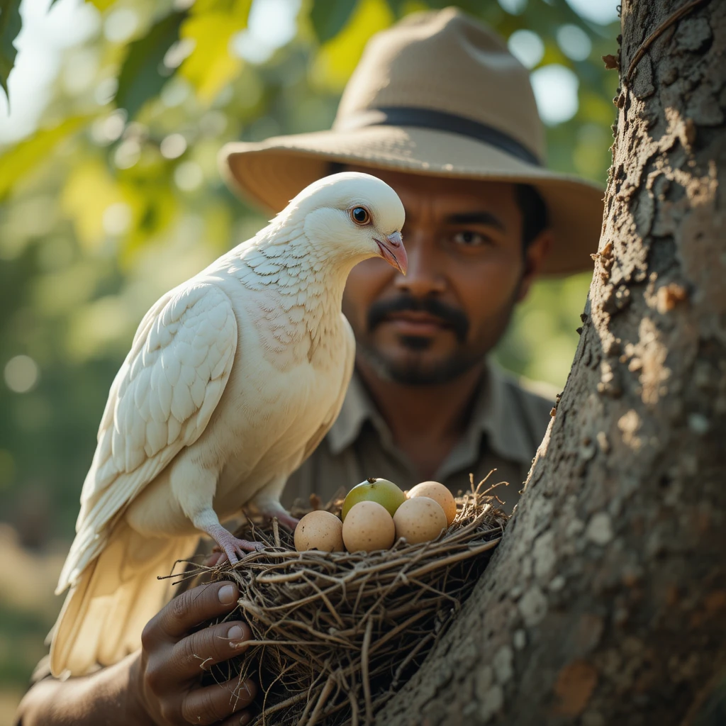 Paloma blanca colocando una guayaba en el nido bajo una luz solar suave