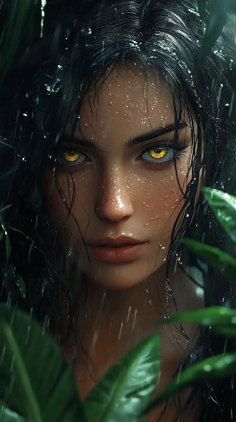 Mulher misteriosa na selva chuvosa com olhos dourados