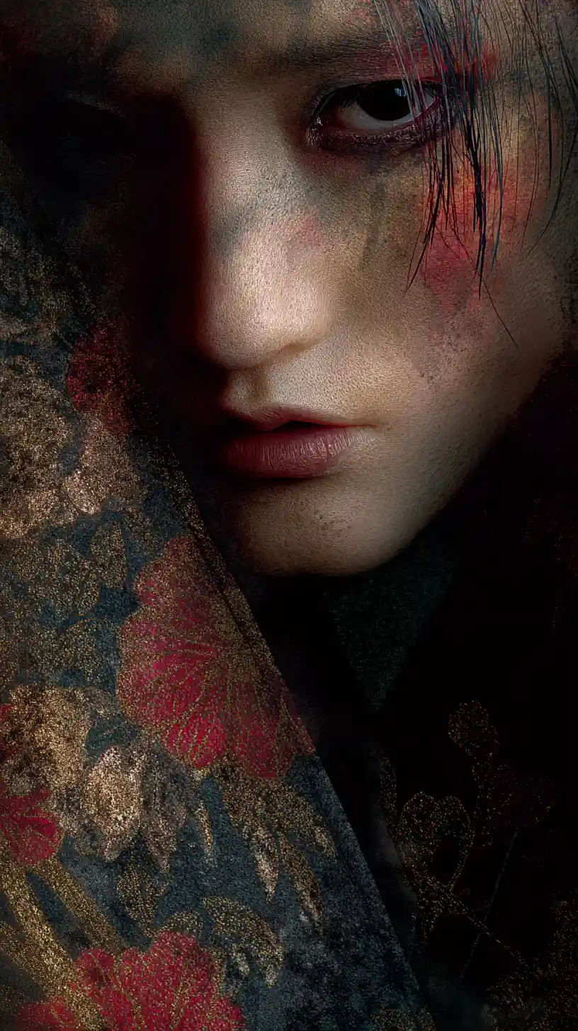 Androgynous woman in silk kimono with intense gaze