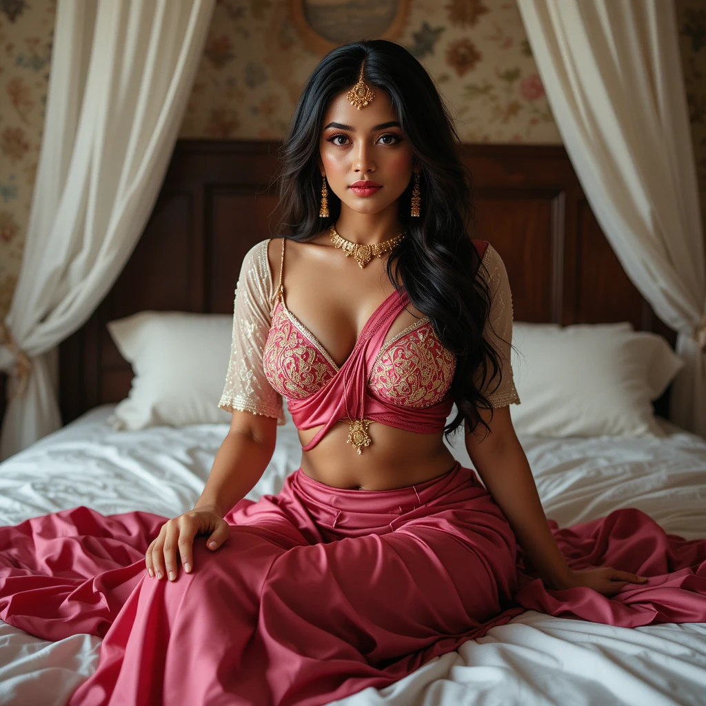 Novia india sentada en la cama con el sari abierto