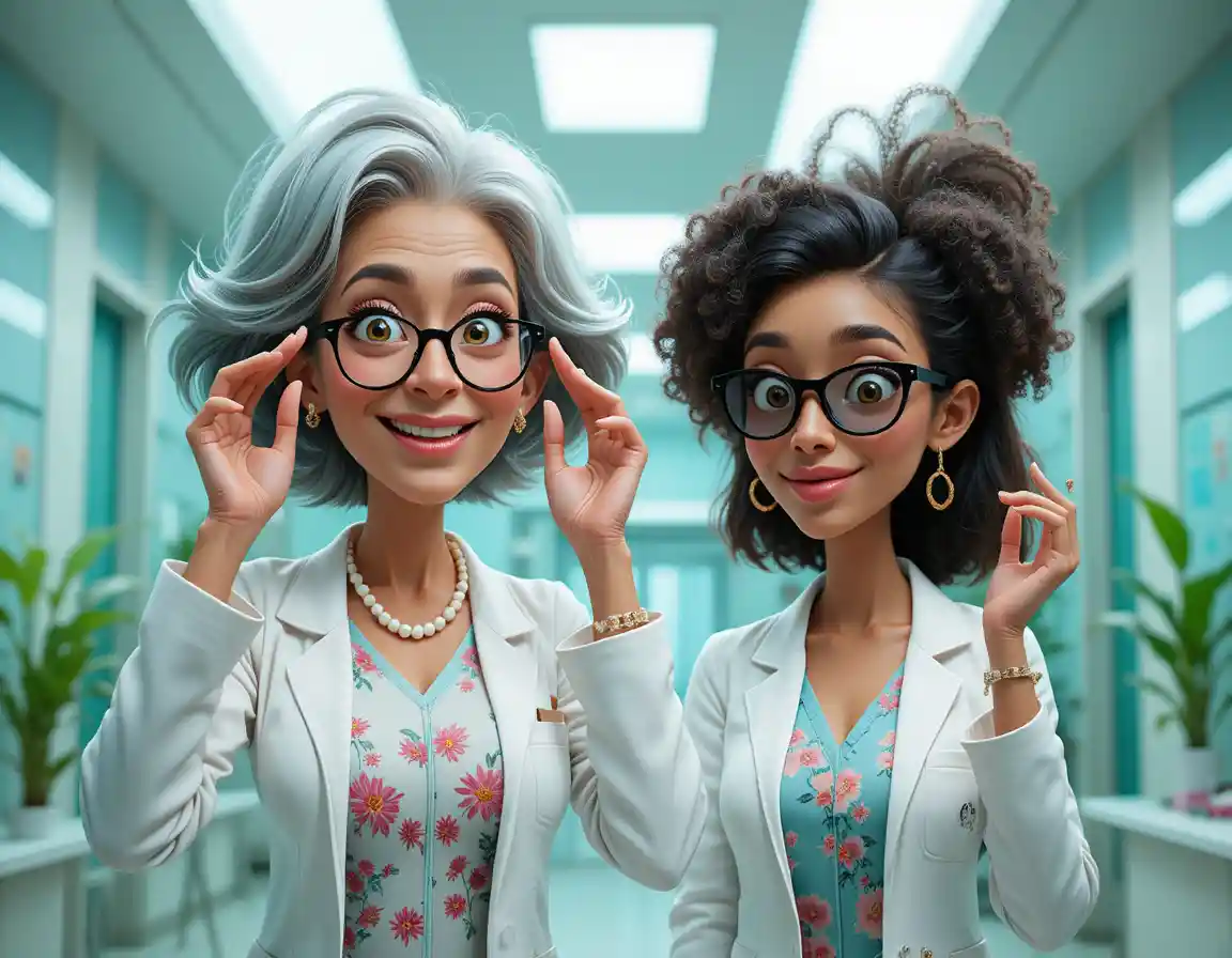 Playful senior scientist joking with colleague in hospital lab
