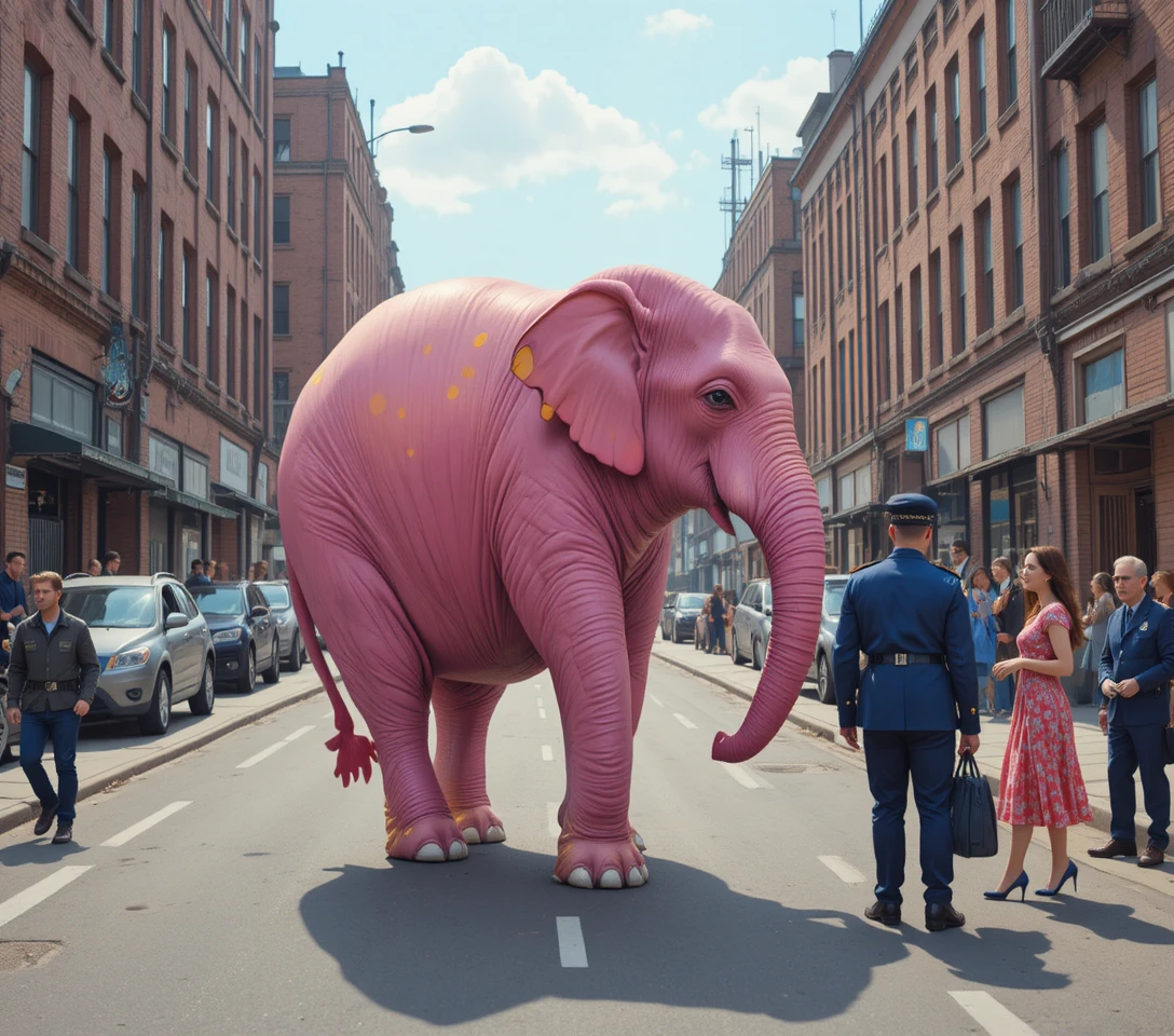 Elefante rosa caminhando por uma rua movimentada da cidade