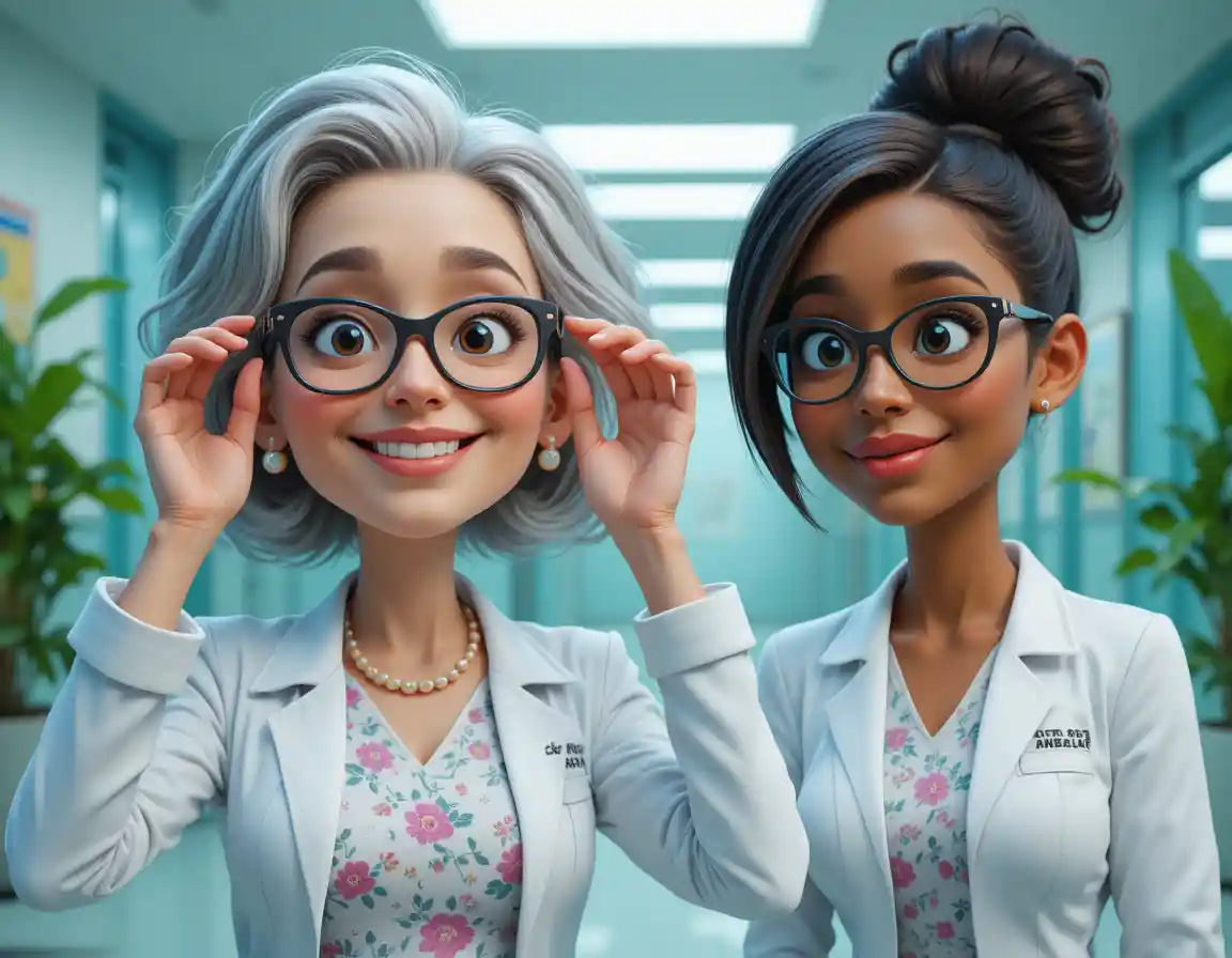 Playful senior scientist joking with glasses in hospital lab