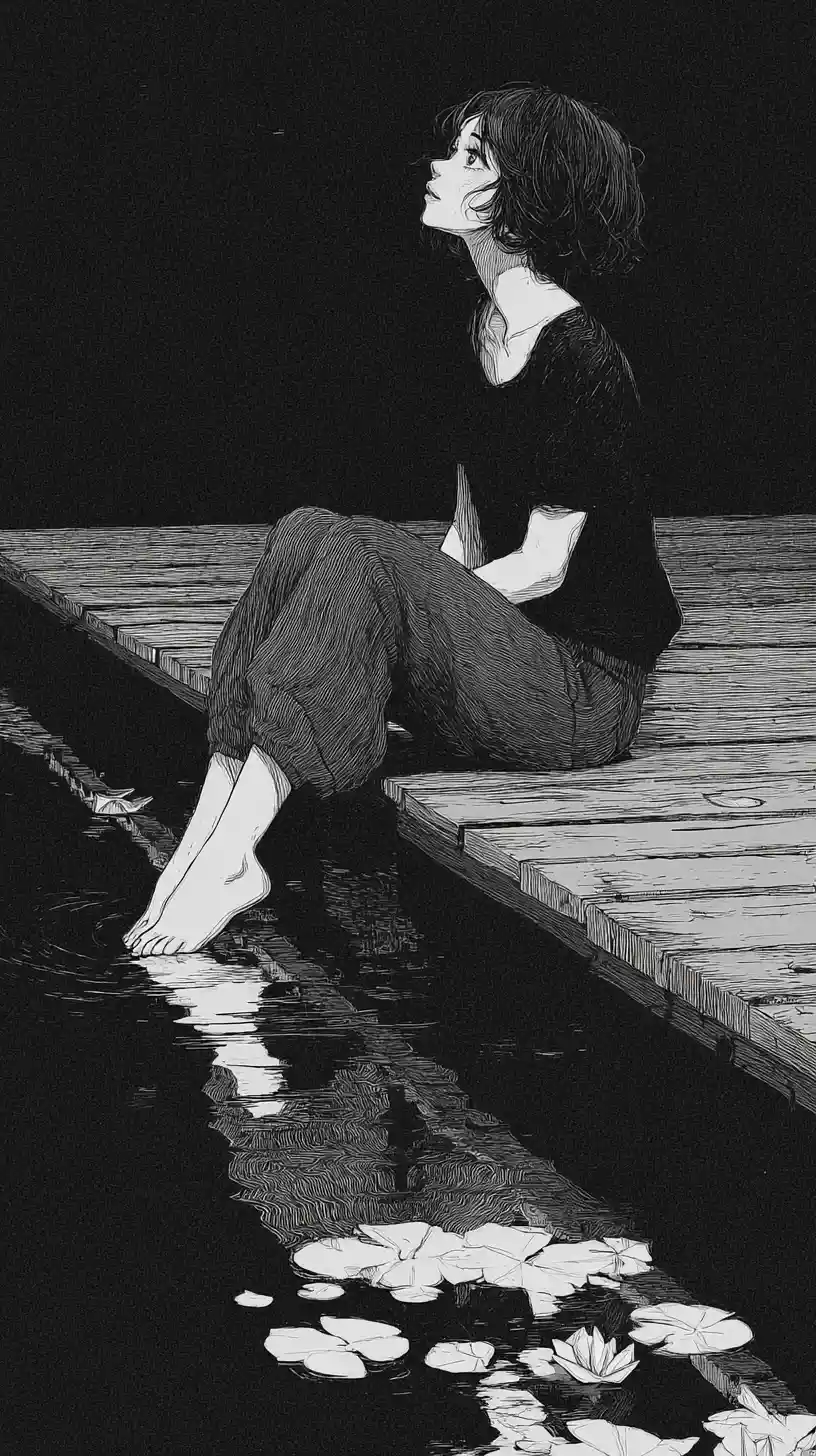 Young woman on a wooden dock gazing over dark water