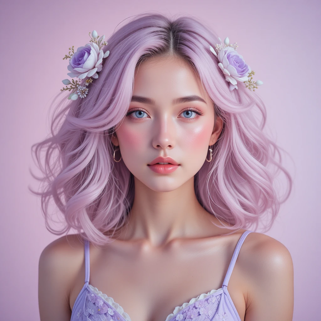 Young woman with pastel floral hair against soft gradient