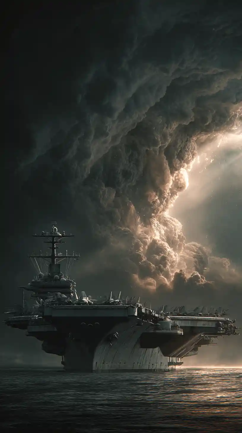 Cinematic view of a US aircraft carrier at sea
