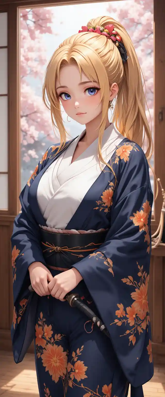Blonde anime warrior woman in kimono holding a katana