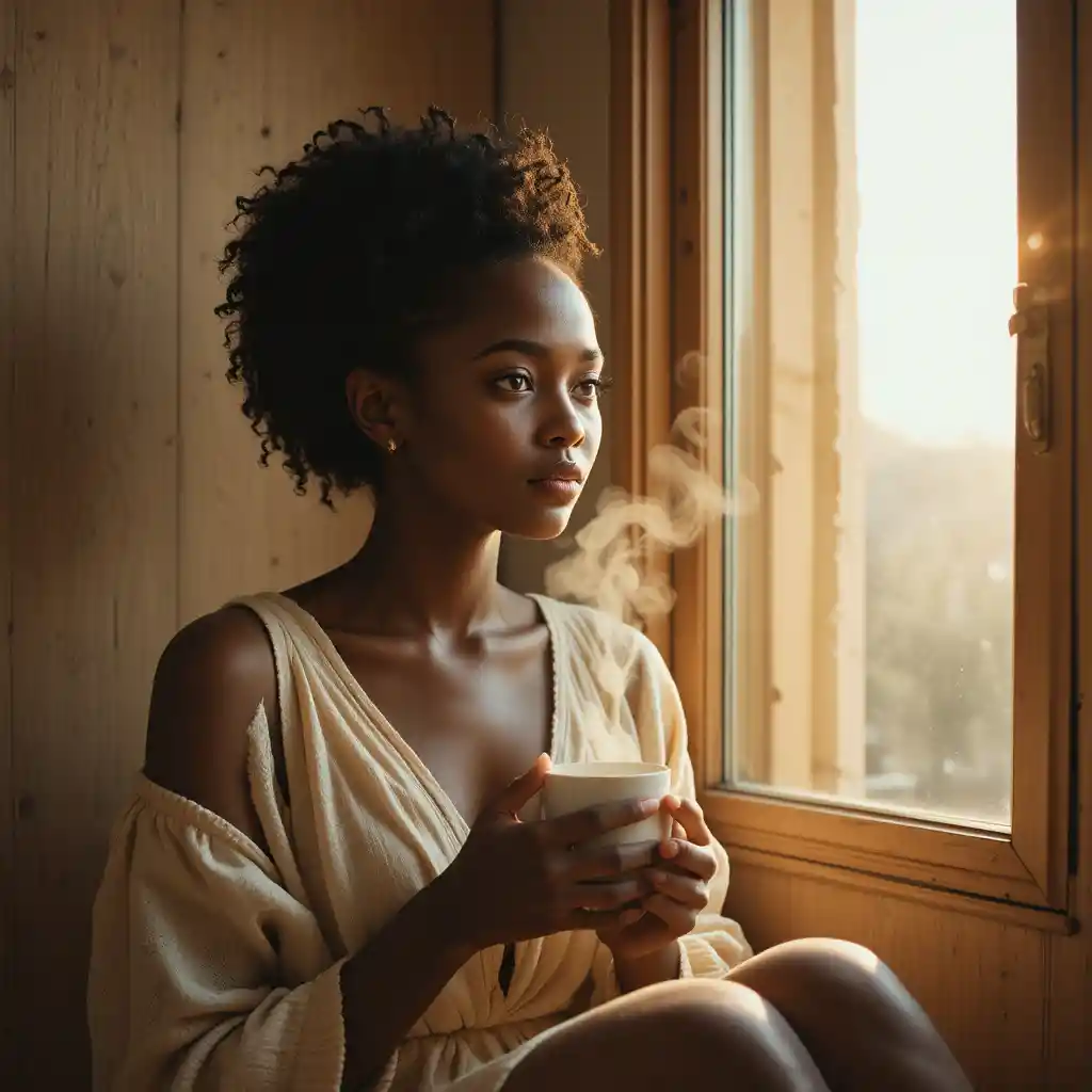 Young African woman by a sunlit window with coffee