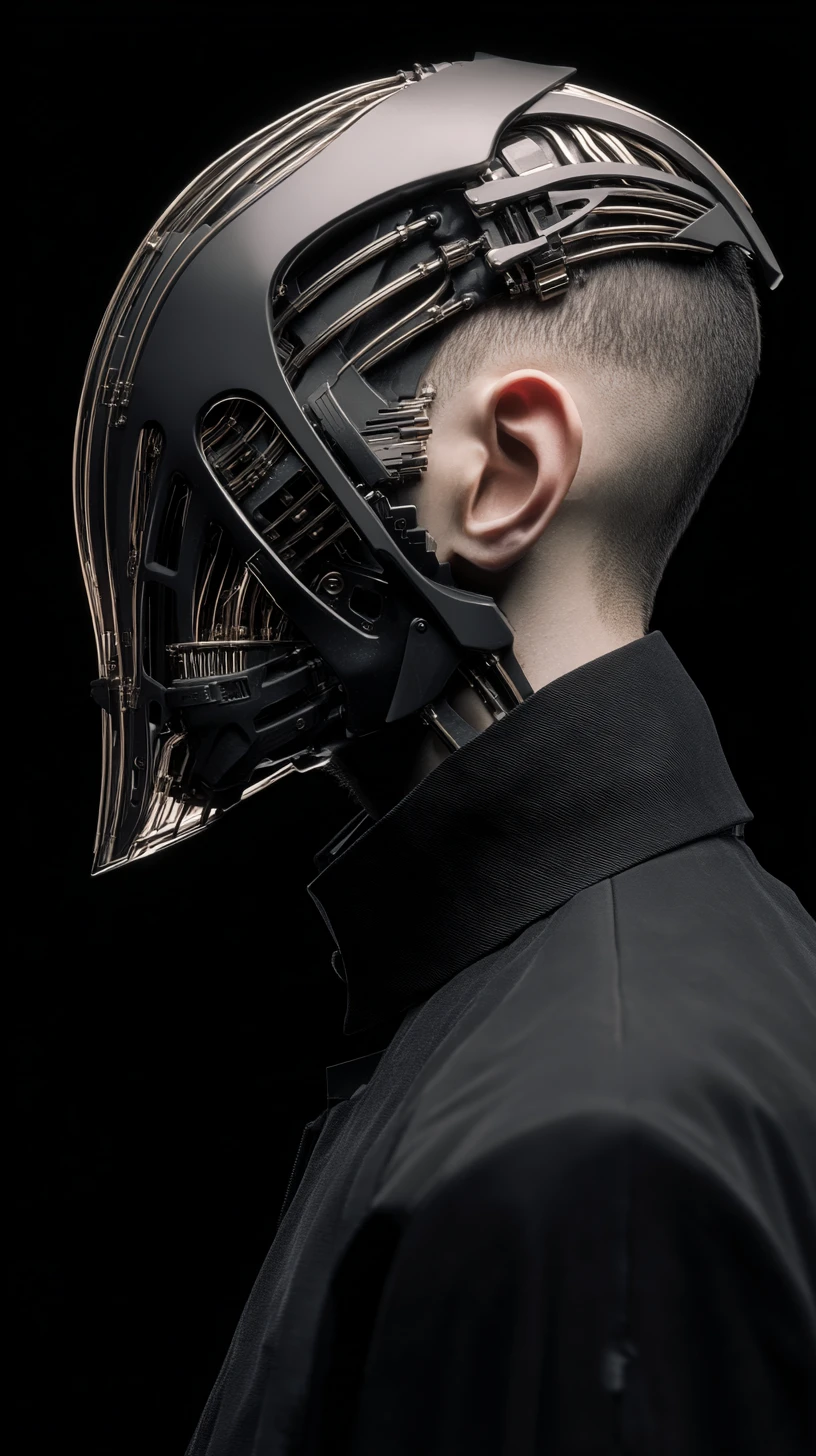 Cyberpunk masked man in profile with futuristic exoskeleton