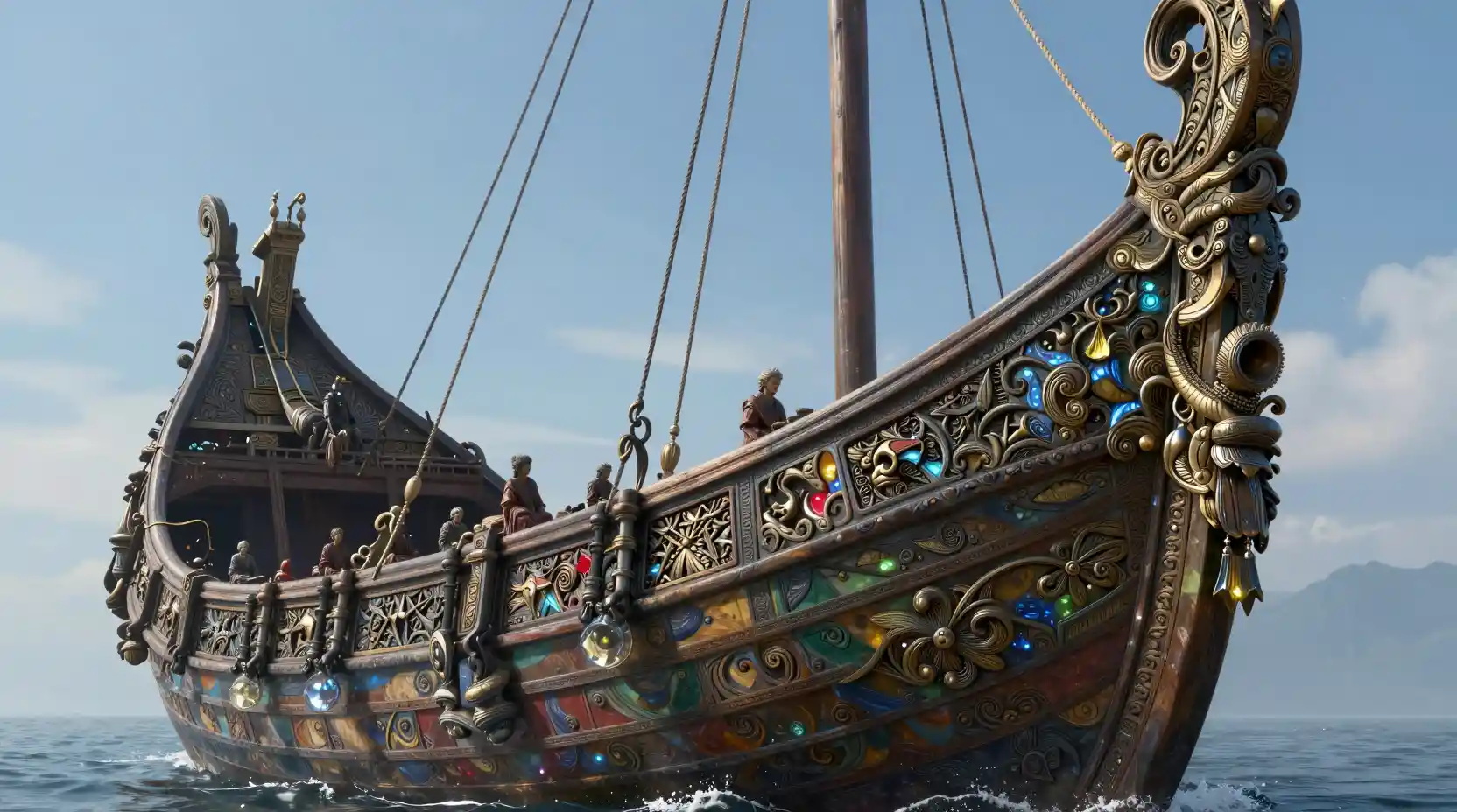 Surreal close up of a Roman galley prow in fantasy light