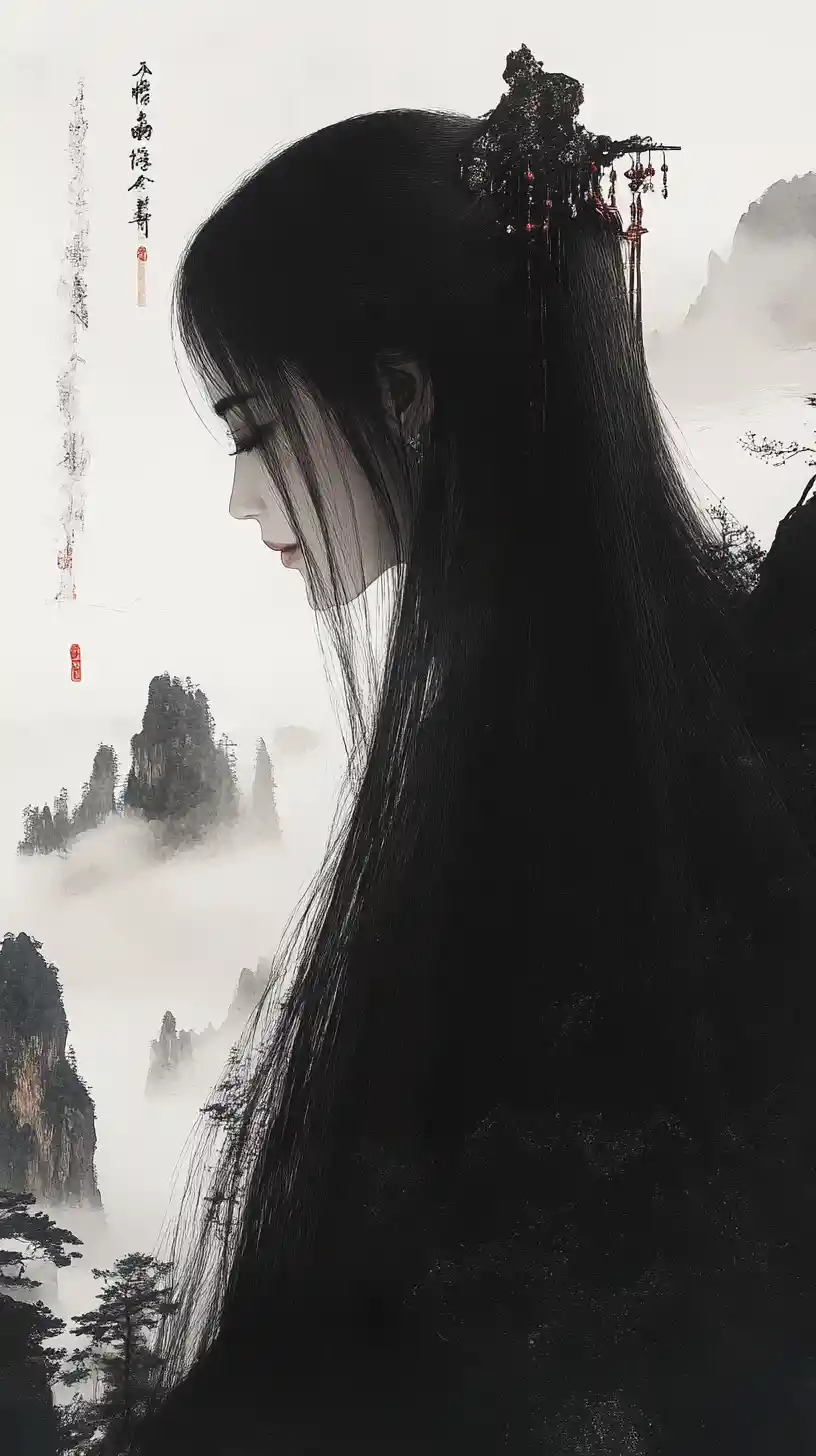 Elegante donna cinese di profilo tra scogliere montuose avvolte nella nebbia