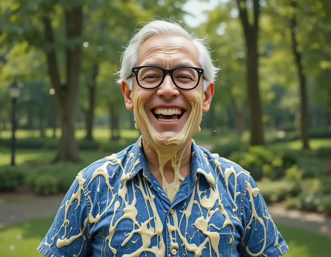 Smiling old man covered in mayonnaise in green park