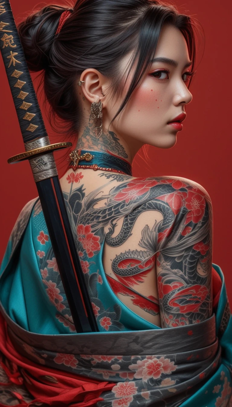 Tätowierte Frau im Kimono mit Katana vor rotem Hintergrund