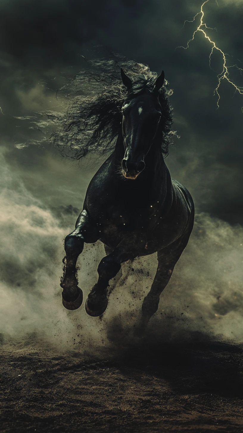 Cavallo spettrale di fumo al galoppo nel deserto oscuro