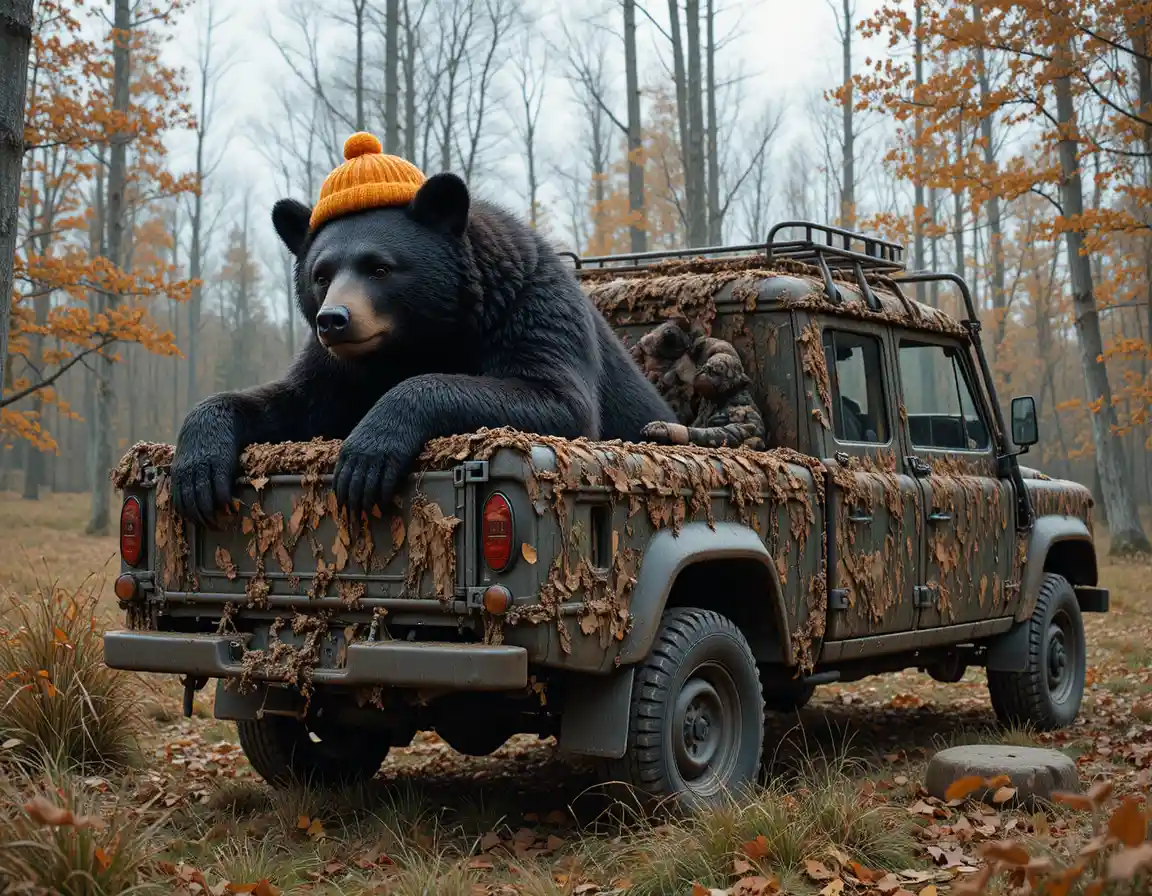 Cazador con oso negro sobre camión camuflado en bosque otoñal