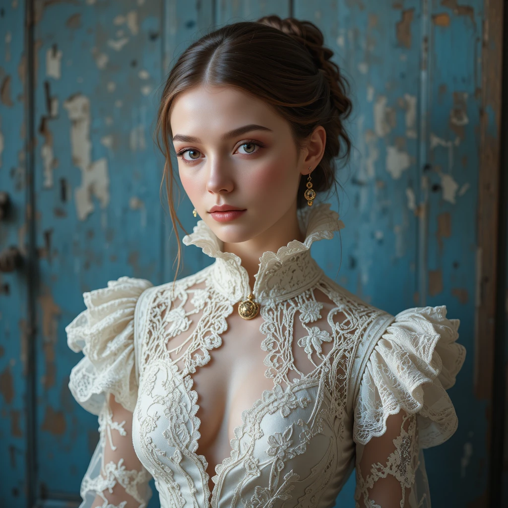 Young woman in white lace victorian gown portrait