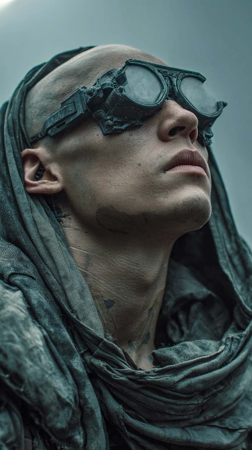 Vagabondo cyborg calvo in un campo di teloni in una città futuristica