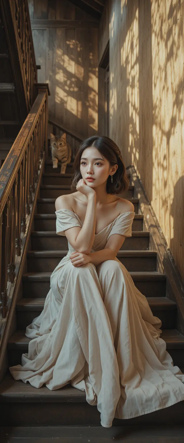 Woman in off shoulder dress on rustic wooden staircase