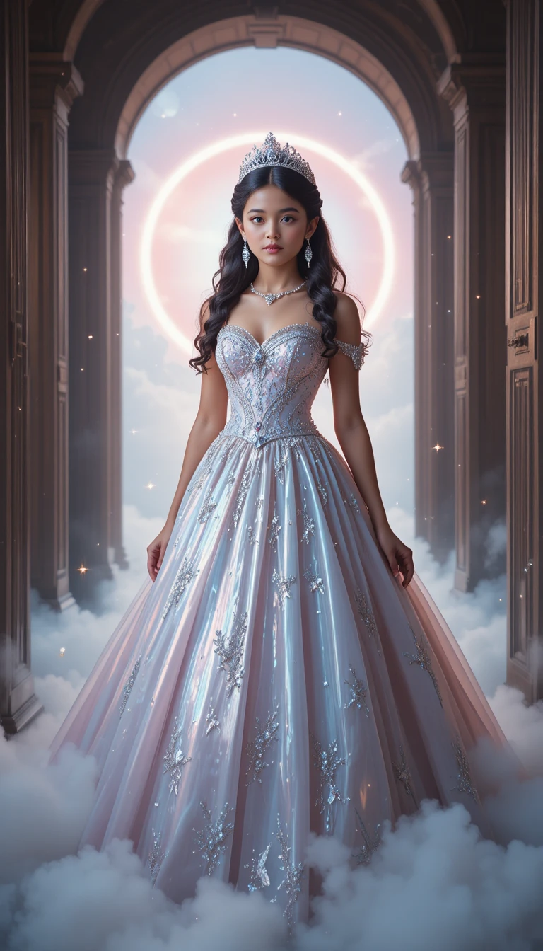 Joven princesa regia ante un resplandeciente portal celestial
