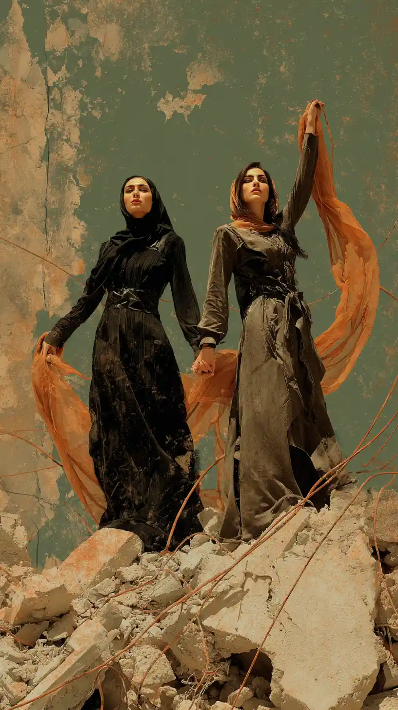 Deux femmes retirant leurs voiles dans un monde post-apocalyptique en ruines