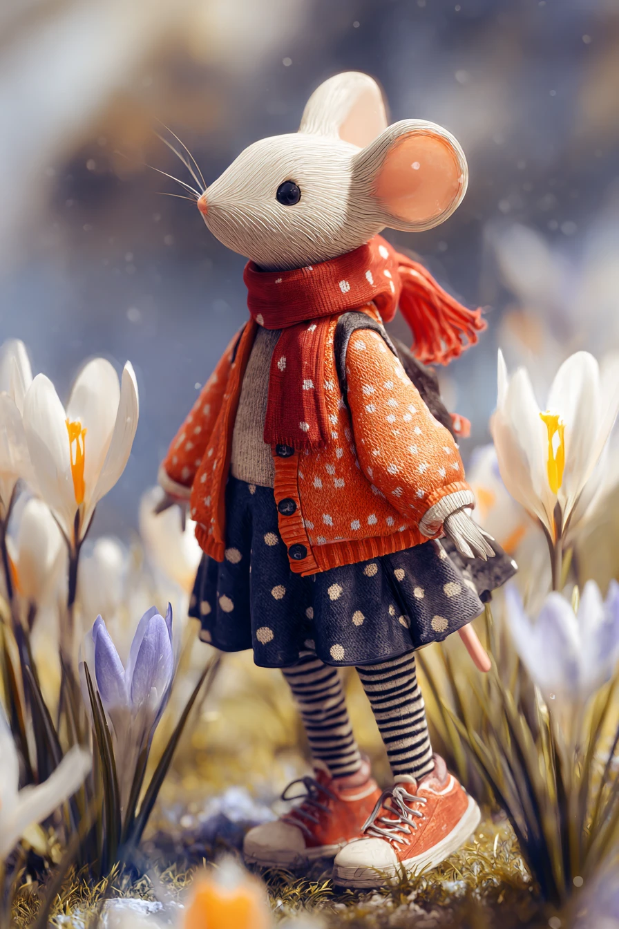 春の花咲く公園を歩く陽気なネズミの女の子