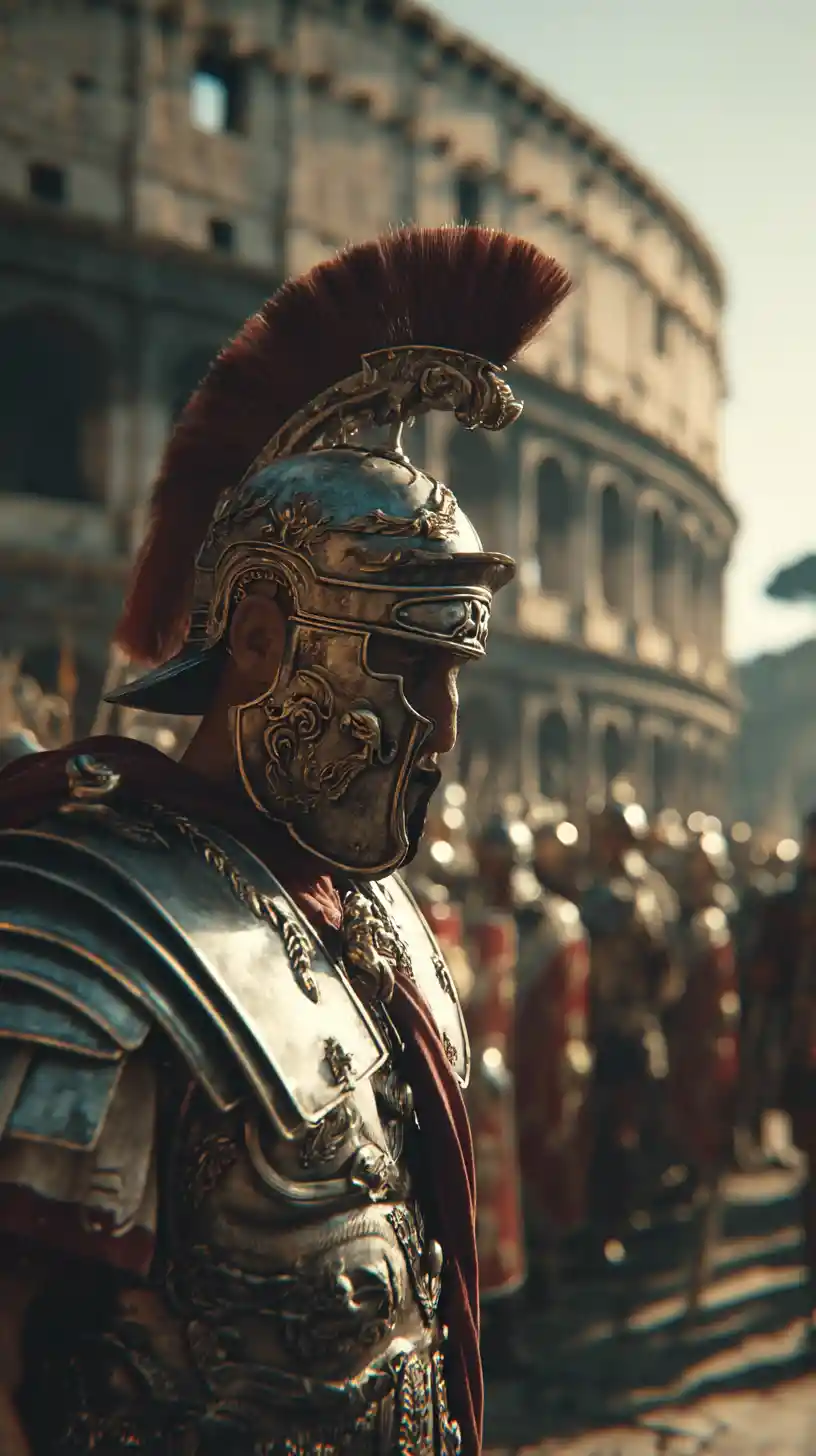 Tribuno romano frente al Coliseo con luz cinematográfica dramática