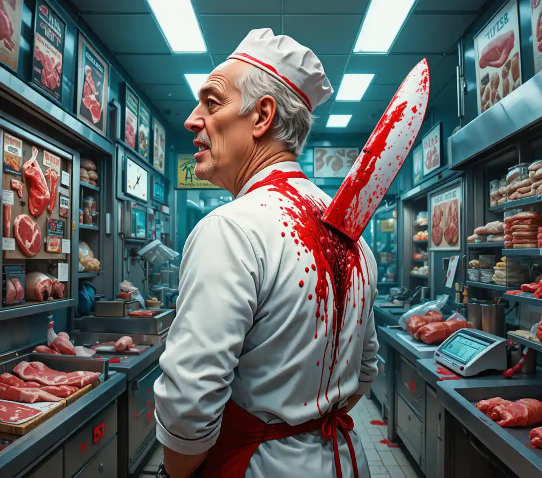 Middle aged butcher stabbed in back in bright butcher shop