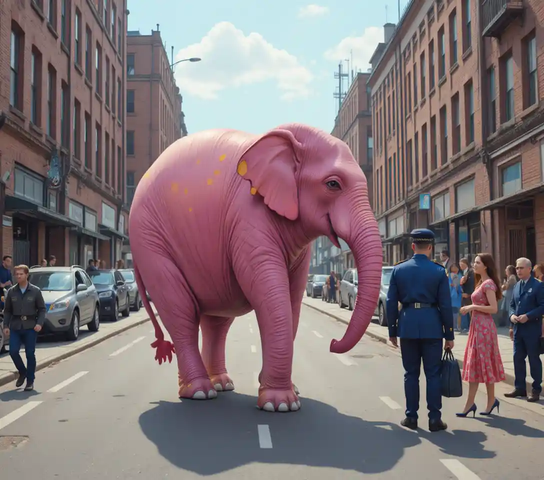Elefante rosa caminhando por uma rua movimentada da cidade