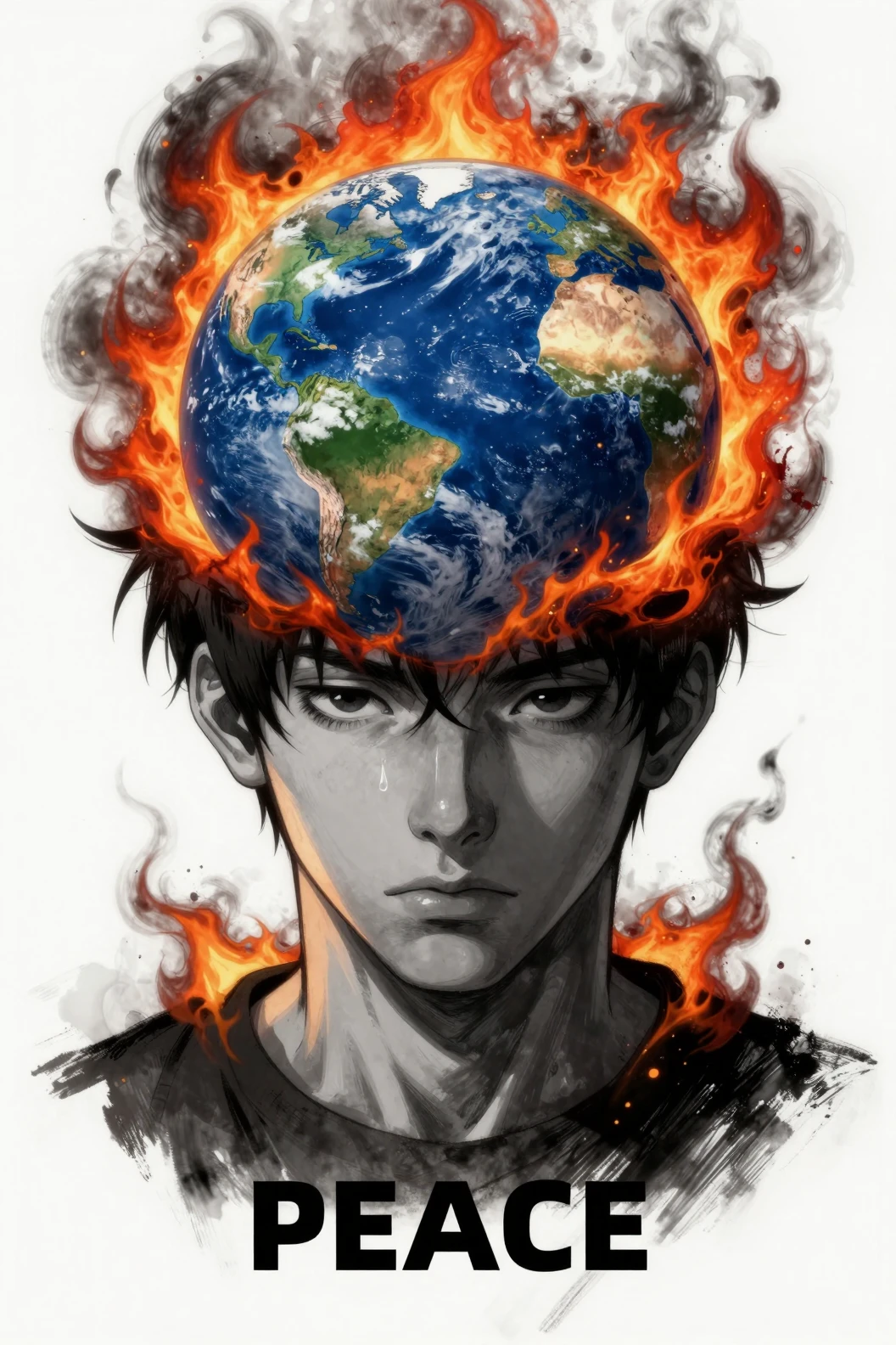 Anime-Porträt eines Mannes mit brennendem Globus als Kopf