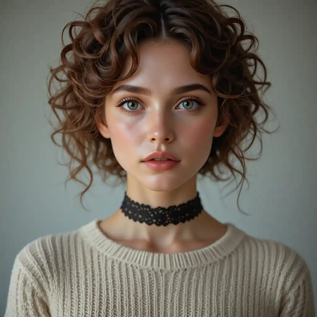 Young woman close up portrait with curly hair and choker