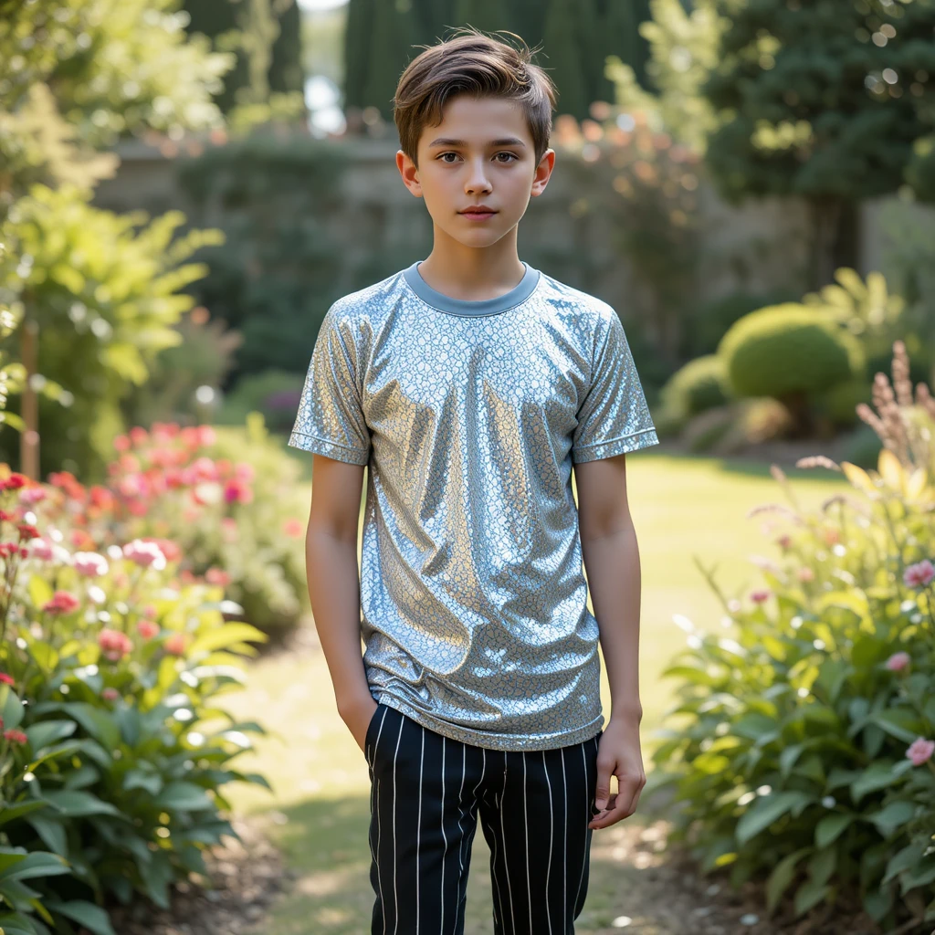 Young man standing in a garden in striped pants