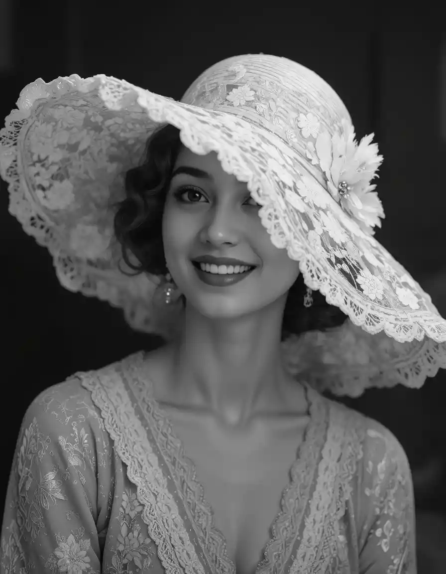 Smiling woman in a wide brim hat in black and white