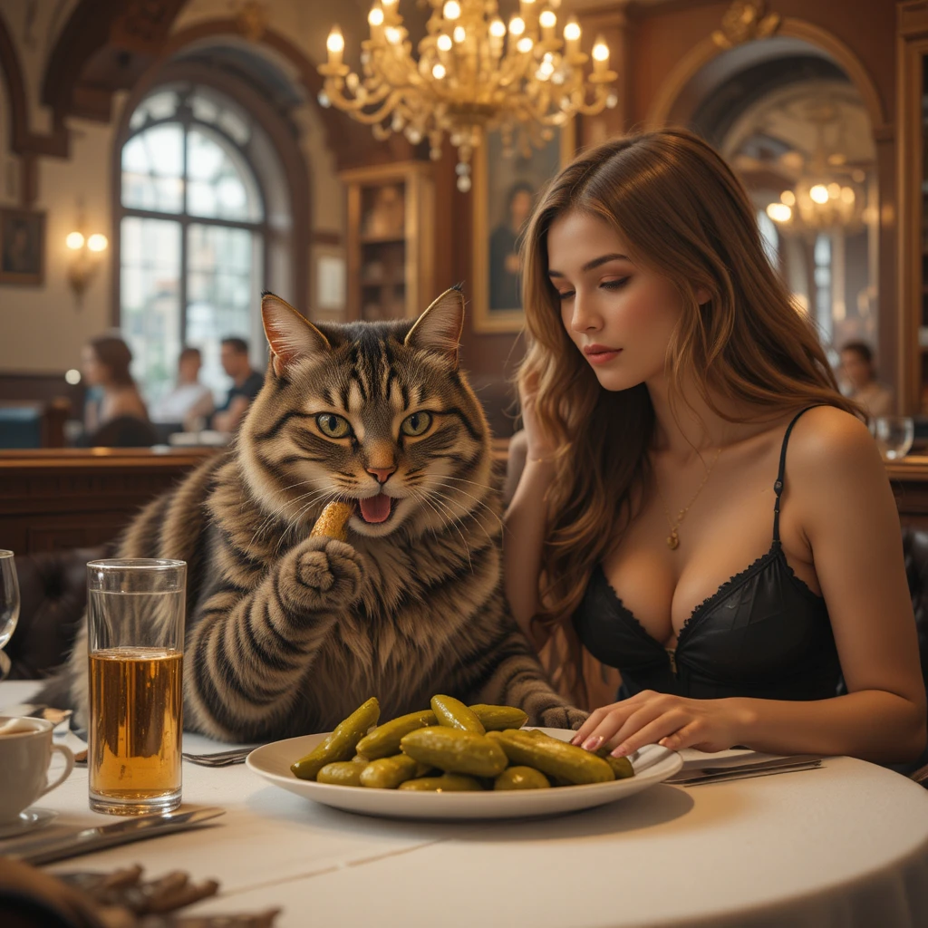 Gatto che mangia sottaceti a un tavolo di un ristorante elegante con una donna