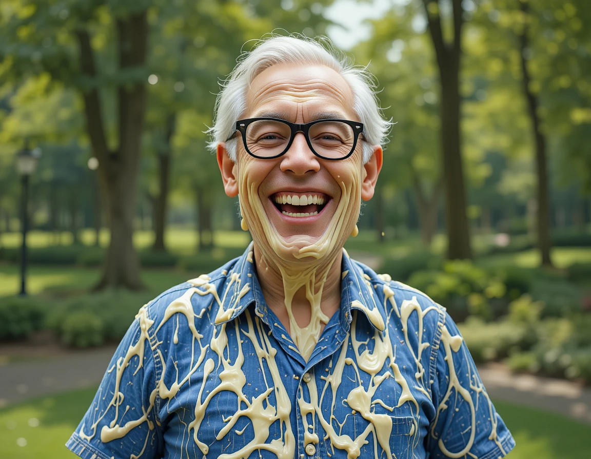Smiling old man covered in mayonnaise in green park