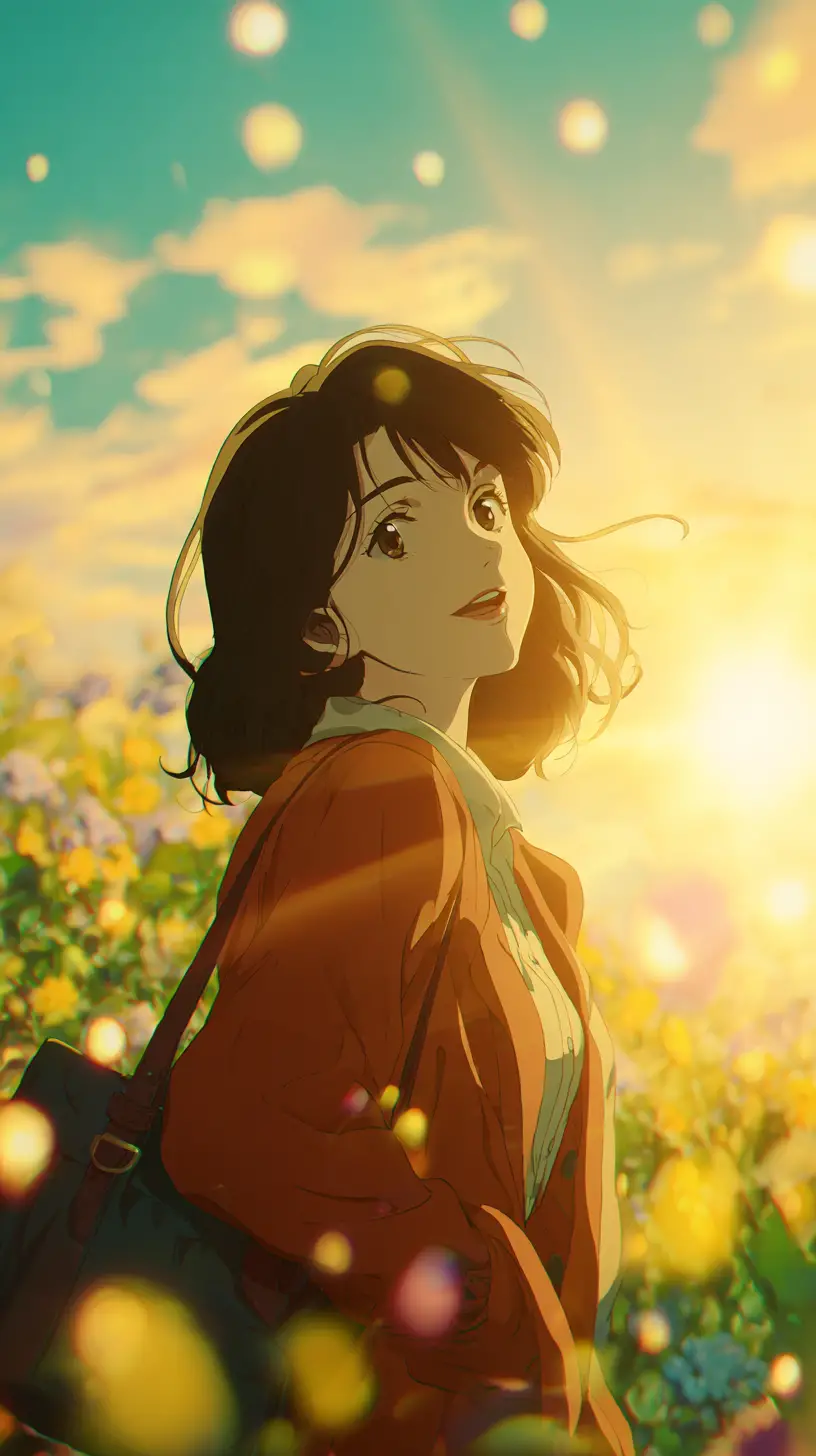 Young woman standing in bright spring sunlight outdoors