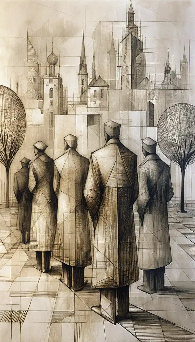Cubist graphite crowd facing a fragmented urban skyline