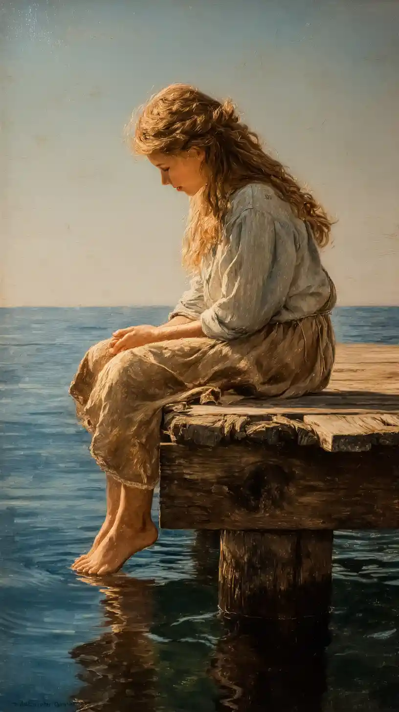 Teen girl sitting on a wooden pier over calm water
