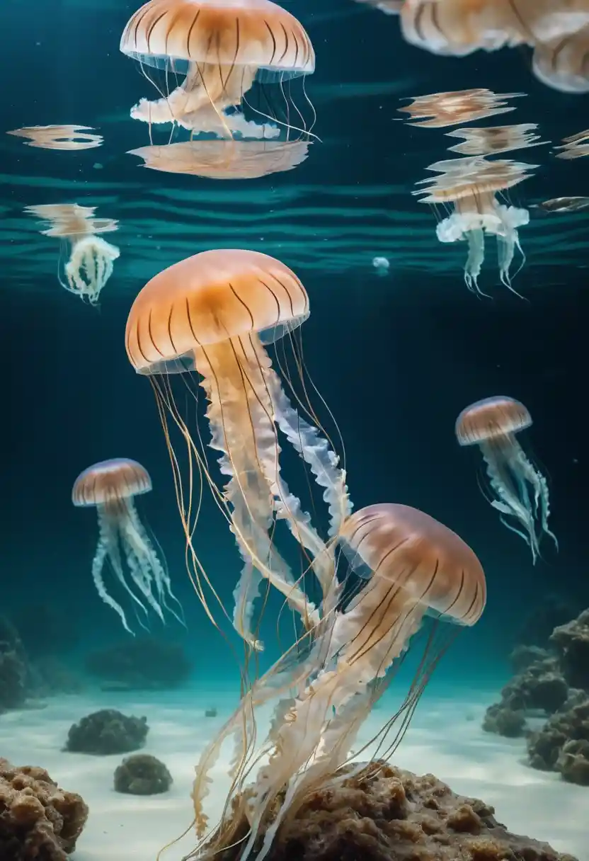 Medusa fotorrealista sumergida en agua azul cristalina