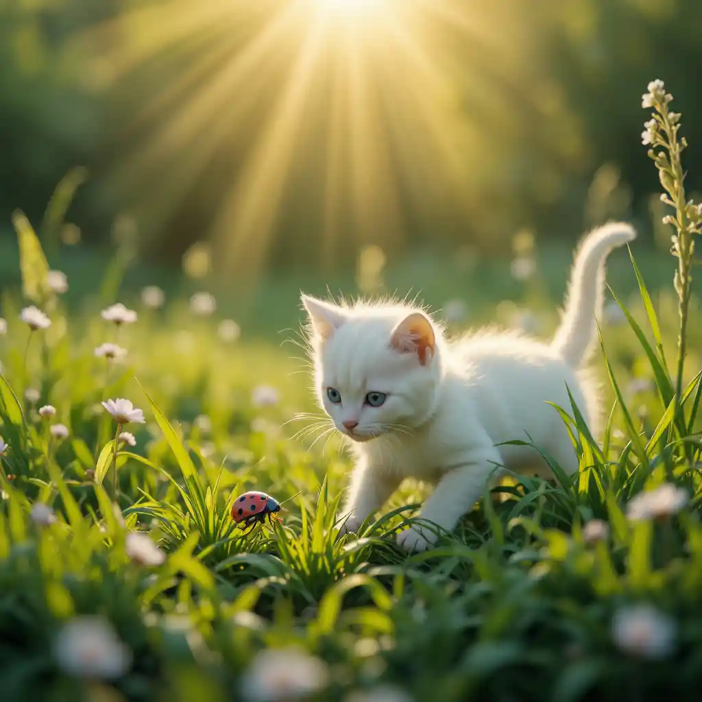 White kitten stalking a tiny pink polka dot ladybug