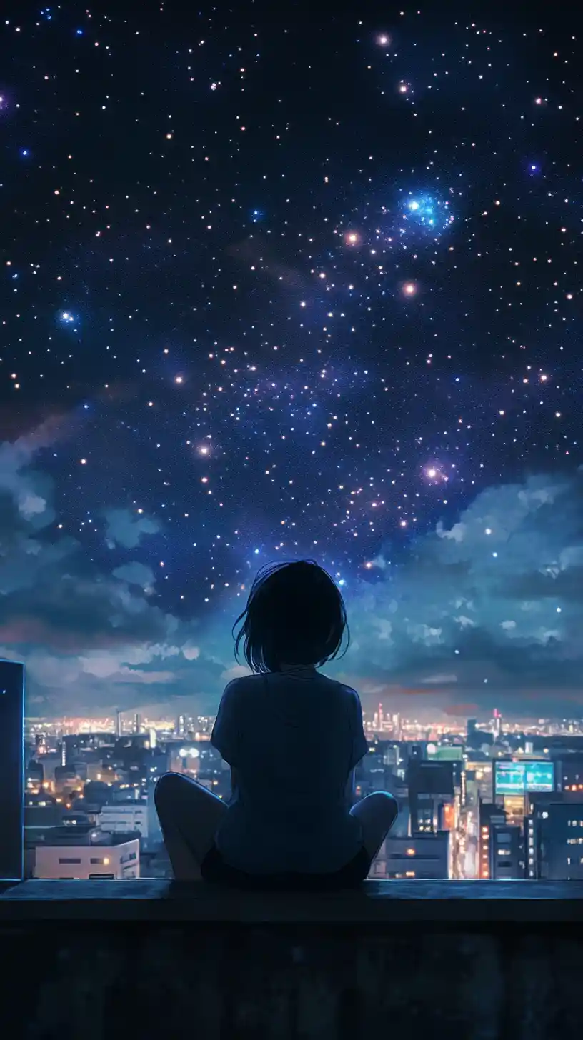 Chica de anime solitaria en la azotea de la ciudad bajo las estrellas
