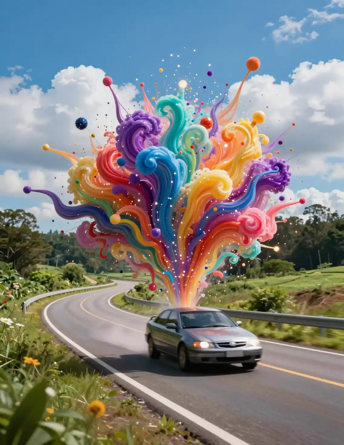 Speeding car on psychedelic road through lush countryside