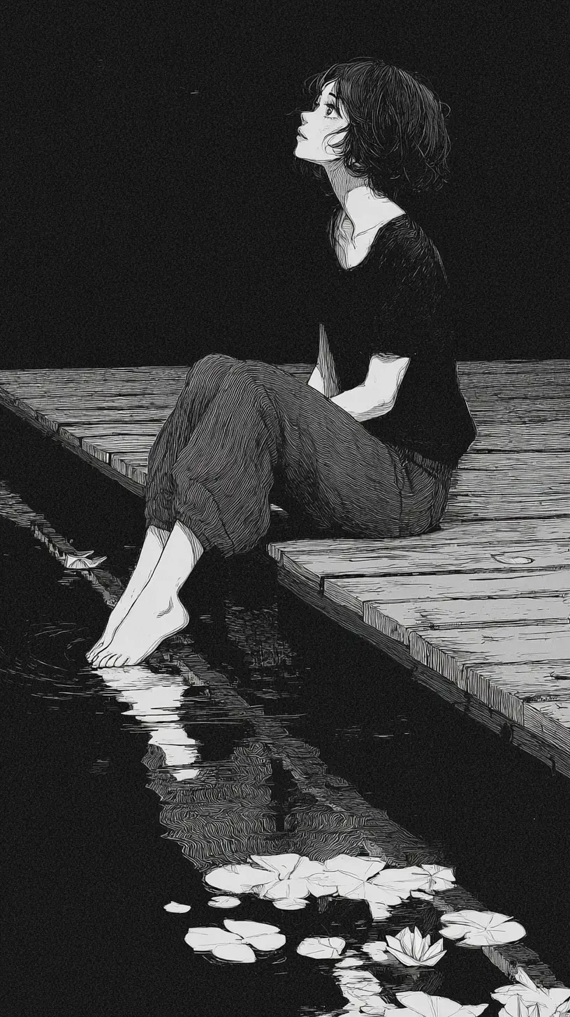 Young woman on a wooden dock gazing over dark water