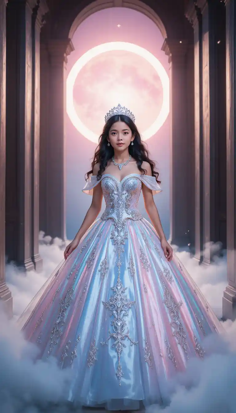 Jeune princesse dans une arche lumineuse baignée de lumière céleste