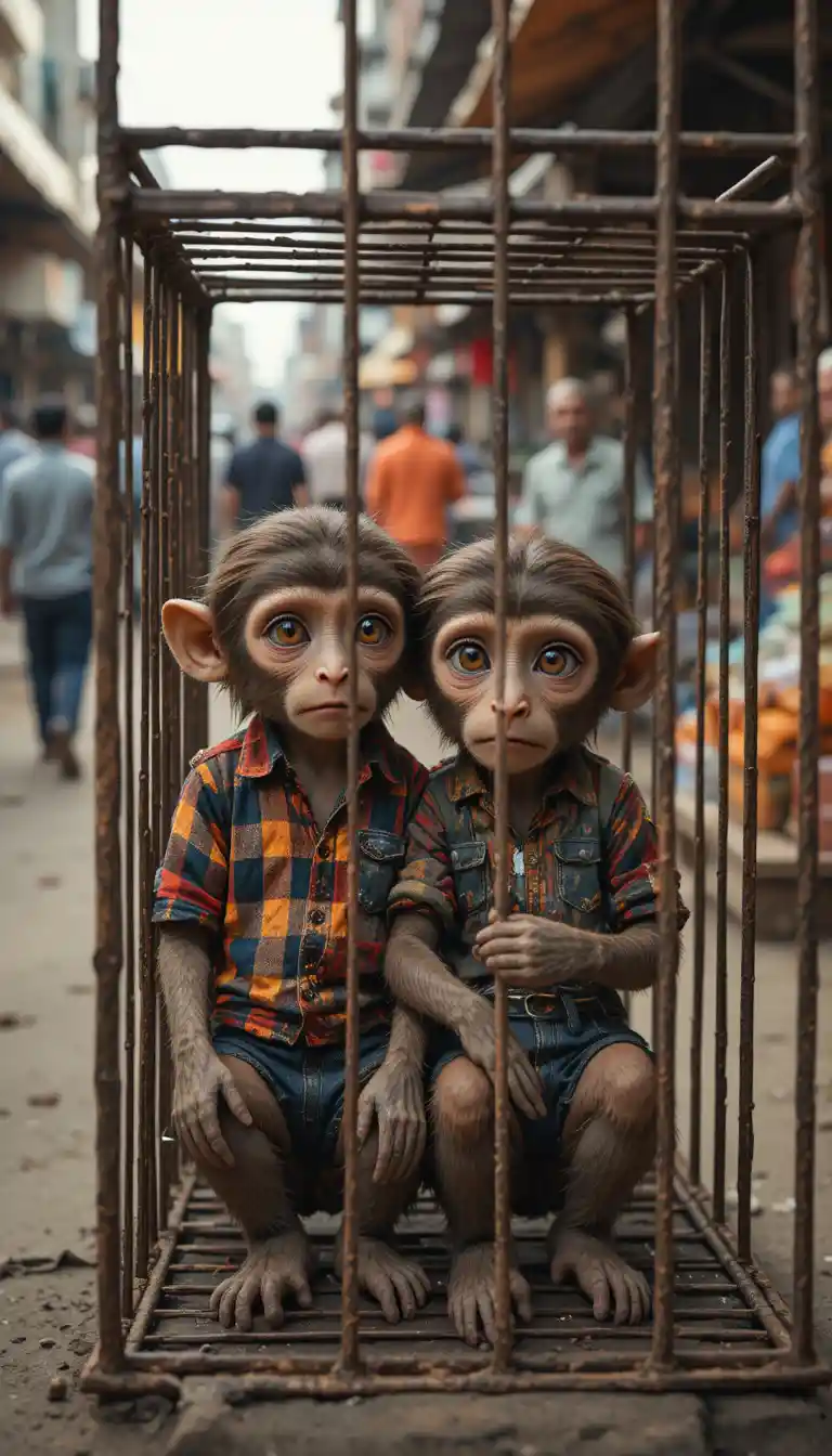 Young monkeys in tattered clothes inside iron street cage