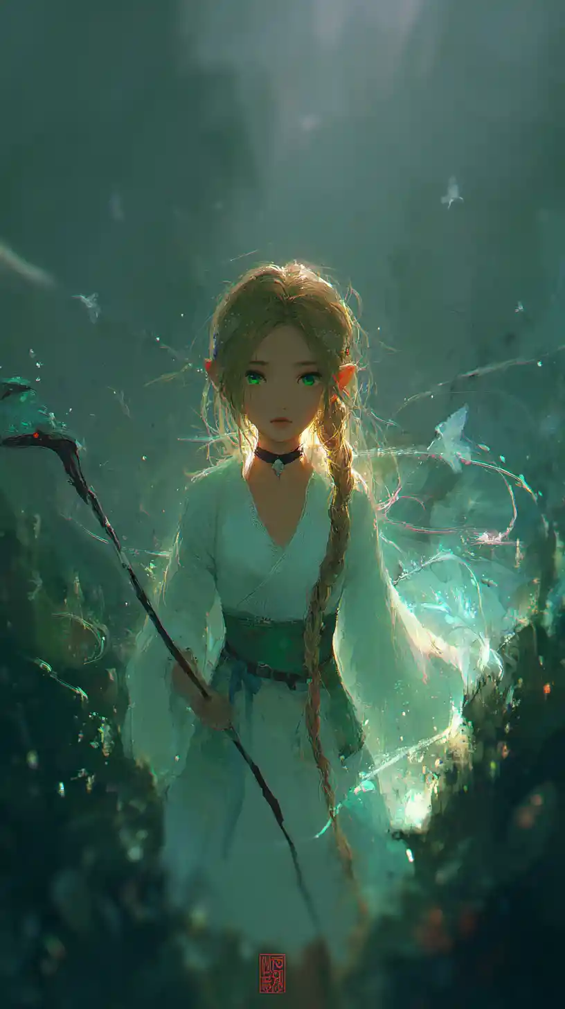 Retrato de chica elfa con bastón mágico y fondo luminoso