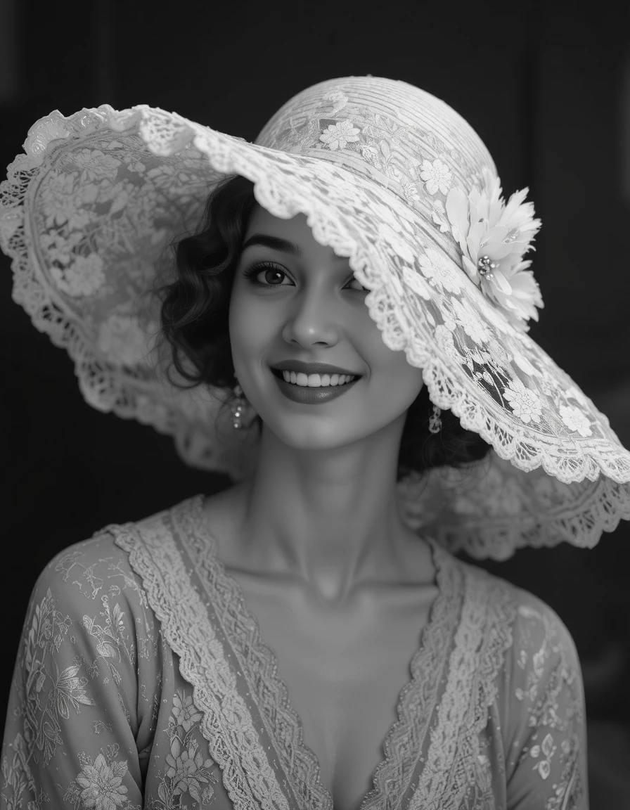 Smiling woman in a wide brim hat in black and white