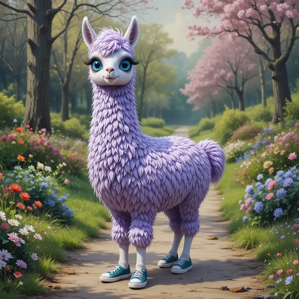 Whimsical lavender llama in sneakers on a spring path